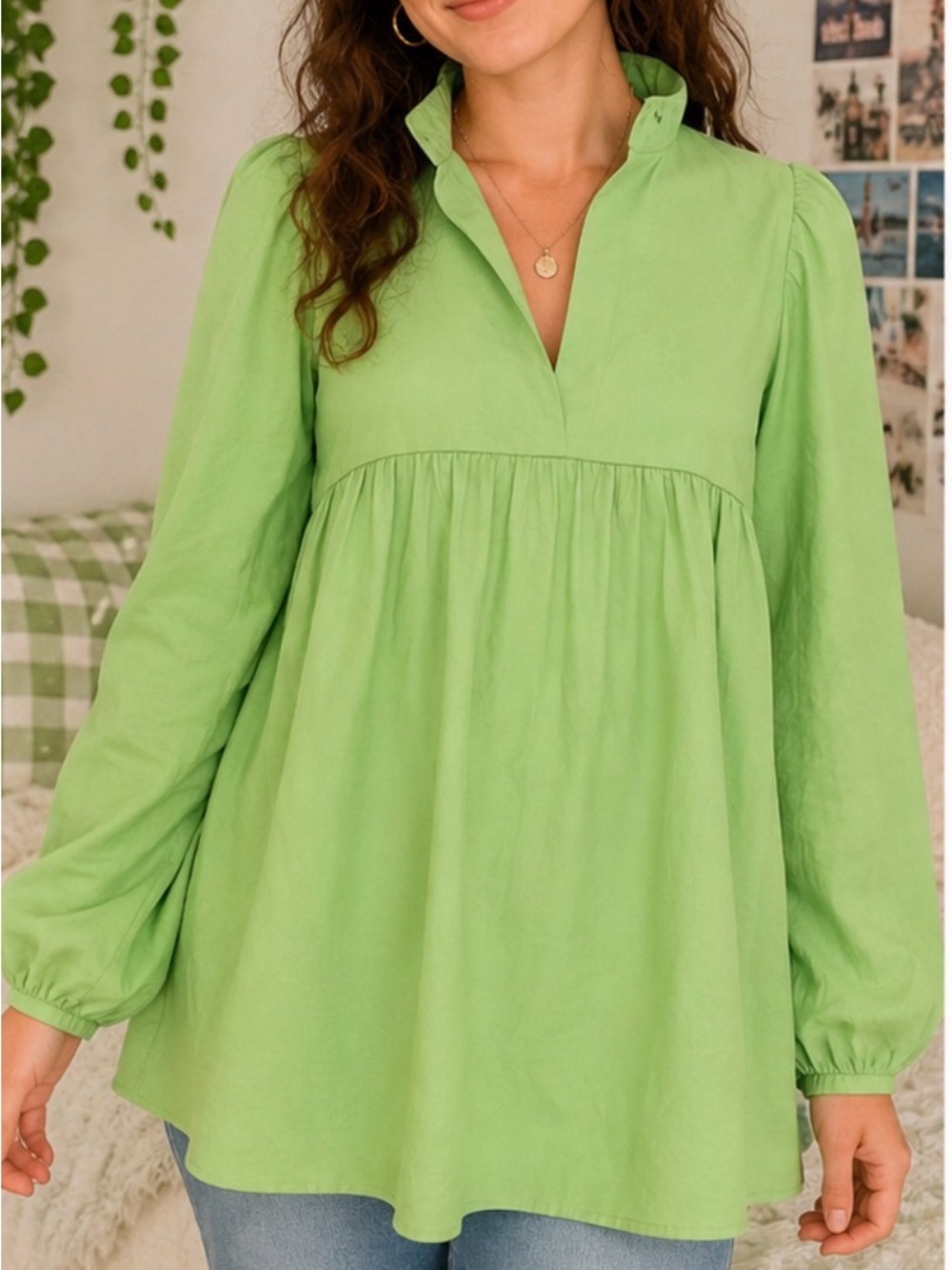 🌿 Emily McCarthy Babydoll Tunic Top – XL | Lime Green Puff Sleeve